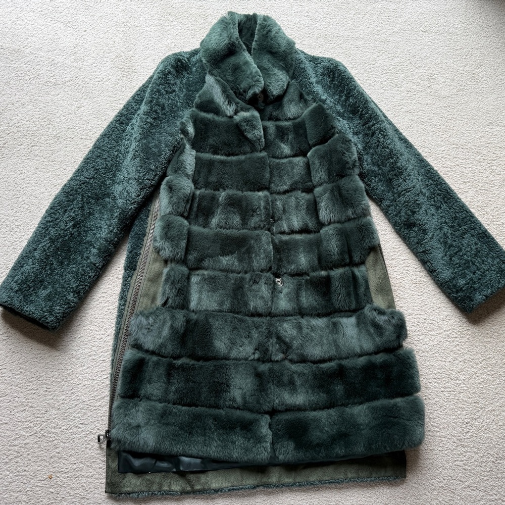 Womens Punto Saks Fifth Avenue Shearling Lambskin Real Rabbit Fur Coat Jacket XS